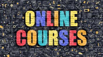Multicolor Concept - Online Courses on Dark Brick Wall with Doodle Icons. Modern Illustration in Doodle Style. Online Courses Business Concept. Online Courses on Dark Wall.