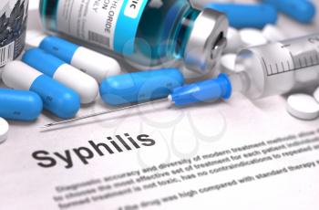 Syphilis - Printed Diagnosis with Blurred Text. On Background of Medicaments Composition - Blue Pills, Injections and Syringe. 3D Render.