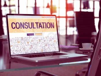 Consultation - Closeup Landing Page in Doodle Design Style on Laptop Screen. On Background of Comfortable Working Place in Modern Office. Toned, Blurred Image. 3D Render.