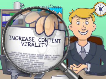 Increase Content Virality. Successful Businessman in Office Workplace Showing a Paper with Text through Magnifier. Multicolor Modern Line Illustration in Doodle Style.