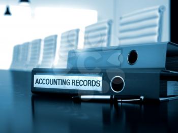 File Folder with Inscription Accounting Records on Office Working Desktop. Accounting Records - Business Concept on Toned Background. Toned Image. 3D Render.