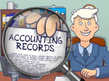 Accounting Records. Businessman in Office Workplace Shows through Magnifier Text on Paper. Multicolor Doodle Style Illustration.