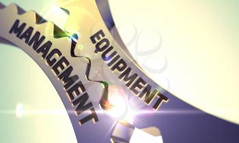 Equipment Management Golden Metallic Cogwheels. Equipment Management on Mechanism of Golden Cogwheels. Equipment Management - Illustration with Lens Flare. 3D.