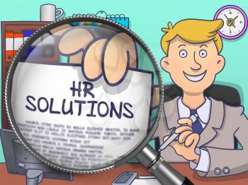 HR Solutions. Cheerful Officeman Welcomes in Office and Shows Paper with Inscription through Magnifying Glass. Multicolor Doodle Illustration.