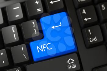 Concepts of NFC, with a NFC on Blue Enter Button on Computer Keyboard. NFC Concept. PC Keyboard with NFC on Blue Enter Button Background, Selected Focus. 3D Illustration.