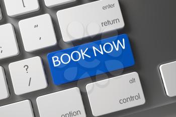 Book Now Concept. Metallic Keyboard with Book Now on Blue Enter Button Background, Selected Focus. Book Now CloseUp of Modern Keyboard on Laptop. Book Now Key on Modern Keyboard. 3D Render.