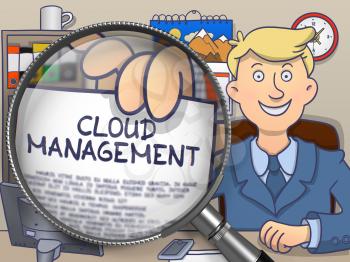 Businessman Holding a Paper with Concept Cloud Management. Closeup View through Magnifying Glass. Multicolor Doodle Style Illustration.