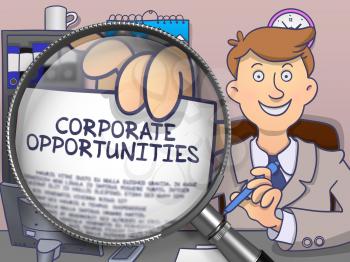 Corporate Opportunities on Paper in Officeman's Hand through Lens to Illustrate a Business Concept. Multicolor Doodle Style Illustration.