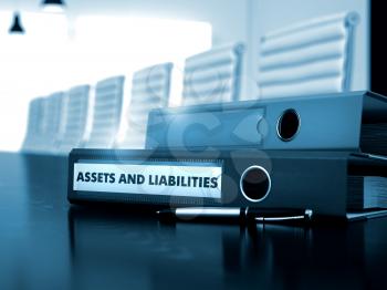 Assets And Liabilities - Folder on Wooden Black Desk. Assets And Liabilities - Business Illustration. Toned Image. 3D Render.