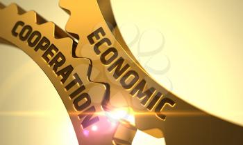 Economic Cooperation - Concept. Economic Cooperation on Mechanism of Golden Gears with Glow Effect. Economic Cooperation on the Golden Gears. Economic Cooperation on Mechanism of Golden Cog Gears. 3D.