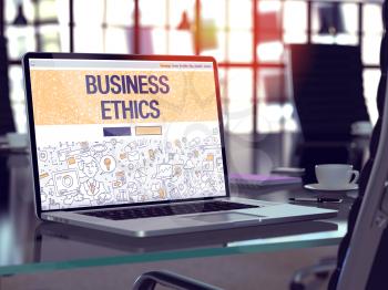 Business Ethics Concept - Closeup on Landing Page of Laptop Screen in Modern Office Workplace. Toned Image with Selective Focus. 3D Render.