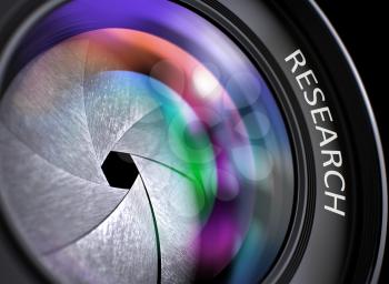 Front of Camera Lens with Bright Colored Flares. Research Concept. Research Written on a Lens of Reflex Camera. Closeup View, Selective Focus, Lens Flare Effect. 3D Render.
