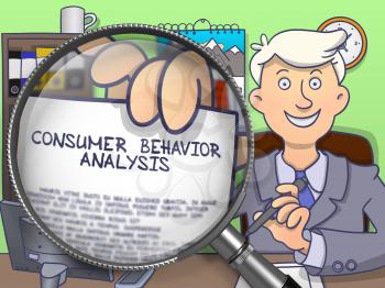 Man Sitting in Office and Showing Text on Paper Consumer Behavior Analysis. Closeup View through Lens. Colored Doodle Style Illustration.