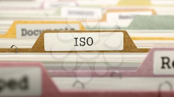 ISO - International Organization Standardization - Folder Register Name in Directory. Colored, Blurred Image. Closeup View. 3D Render.