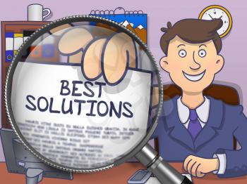 Best Solutions. Paper with Text in Officeman's Hand through Magnifier. Colored Doodle Style Illustration.