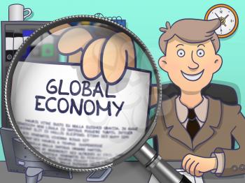Global Economy. Paper with Concept in Man's Hand through Lens. Multicolor Modern Line Illustration in Doodle Style.