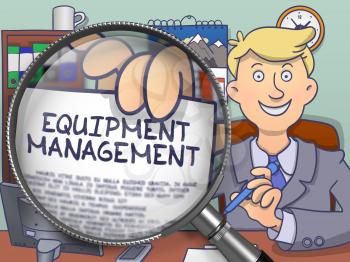 Man in Office Workplace Shows Paper with Text Equipment Management. Closeup View through Lens. Multicolor Doodle Style Illustration.
