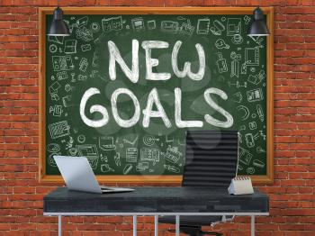Hand Drawn New Goals on Green Chalkboard. Modern Office Interior. Red Brick Wall Background. Business Concept with Doodle Style Elements. 3D.