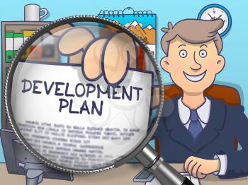 Man Sitting in Office and Showing Concept on Paper Development Plan. Closeup View through Magnifying Glass. Multicolor Modern Line Illustration in Doodle Style.