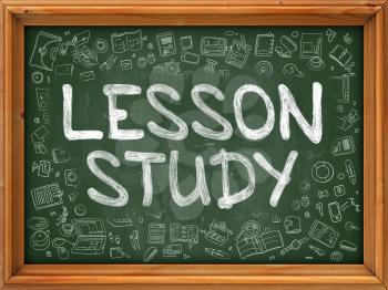 Lesson Study - Hand Drawn on Green Chalkboard with Doodle Icons Around. Modern Illustration with Doodle Design Style.