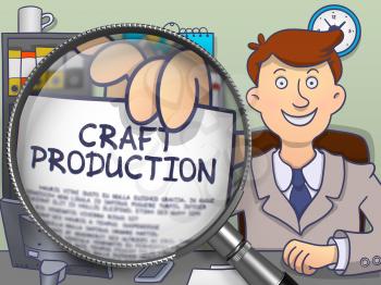 Craft Production. Officeman in Office Showing Paper with Inscription through Magnifier. Multicolor Doodle Style Illustration.