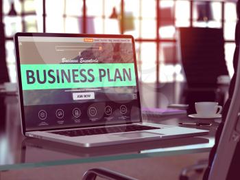 Business Plan Concept. Closeup Landing Page on Laptop Screen  on background of Comfortable Working Place in Modern Office. Blurred, Toned Image. 3D Render.