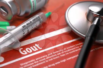 Gout - Printed Diagnosis with Blurred Text on Orange Background and Medical Composition - Stethoscope, Pills and Syringe. Medical Concept. 3D Render.