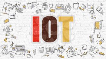 IOT - Internet of Things. Multicolor Inscription on White Brick Wall with Doodle Icons Around. Modern Style Illustration with Doodle Design Icons. IOT on White Brickwall Background.