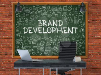 Brand Development - Handwritten Inscription by Chalk on Green Chalkboard with Doodle Icons Around. Business Concept in the Interior of a Modern Office on the Red Brick Wall Background. 3D.
