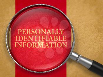 Personally Identifiable Information through Lens on Old Paper with Dark Red Vertical Line Background. 3D Render.