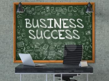 Business Success - Handwritten Inscription by Chalk on Green Chalkboard with Doodle Icons Around. Business Concept in the Interior of a Modern Office on the Gray Concrete Wall Background. 3D.