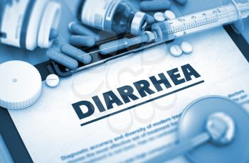 Diarrhea - Medical Report with Composition of Medicaments - Pills, Injections and Syringe. 3D Render.