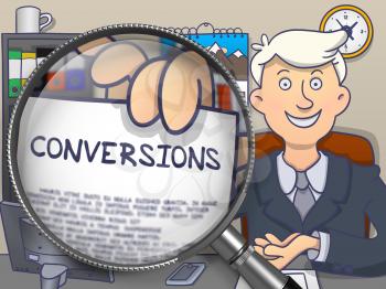 Man Showing Text on Paper - Conversions. Closeup View through Lens. Colored Doodle Style Illustration.
