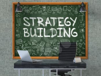 Green Chalkboard with the text Strategy Building Hangs on the Gray Concrete Wall in the Interior of a Modern Office. Illustration with Doodle Style Elements. 3D.