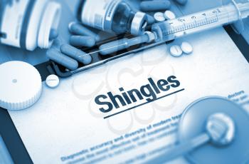 Shingles, Medical Concept with Selective Focus. Shingles, Medical Concept with Pills, Injections and Syringe. 3D.