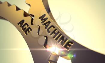 Machine Age - Technical Design. Golden Metallic Gears with Machine Age Concept. Machine Age - Concept. Machine Age - Industrial Illustration with Glow Effect and Lens Flare. 3D Render.