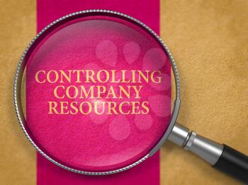 Controlling Company Resources Concept through Magnifier on Old Paper with Lilac Vertical Line Background. 3D Render.