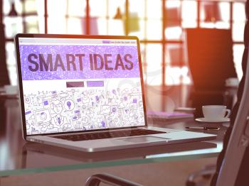 Smart Ideas - Closeup Landing Page in Doodle Design Style on Laptop Screen. On Background of Comfortable Working Place in Modern Office. Toned, Blurred Image. 3D Render.