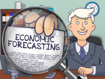 Economic Forecasting. Happy Man in Office Workplace Showing a Text on Paper through Magnifier. Colored Modern Line Illustration in Doodle Style.