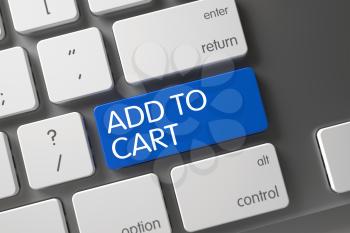 White Keyboard Key Labeled Add To Cart. Add To Cart on Modernized Keyboard Background. Add To Cart Concept: Metallic Keyboard with Add To Cart, Selected Focus on Blue Enter Key. 3D Render.