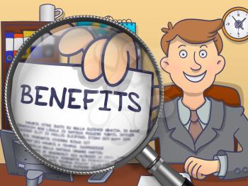 Benefits on Paper in Man's Hand through Lens to Illustrate a Business Concept. Multicolor Doodle Style Illustration.