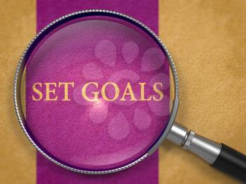Set Goals through Magnifying Glass on Old Paper with Dark Lilac Vertical Line Background. 3D Render.