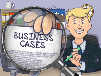 Business Cases on Paper in Man's Hand to Illustrate a Business Concept. Closeup View through Magnifying Glass. Multicolor Doodle Illustration.