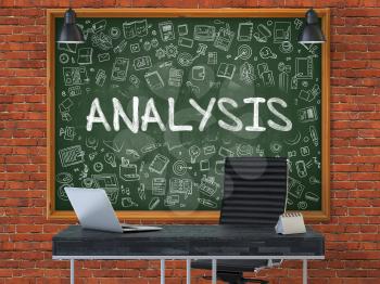 Hand Drawn Analysis on Green Chalkboard. Modern Office Interior . Red Brick Wall Background. Business Concept with Doodle Style Elements. 3d.