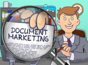 Document Marketing on Paper in Man's Hand to Illustrate a Business Concept. Closeup View through Magnifier. Colored Doodle Style Illustration.