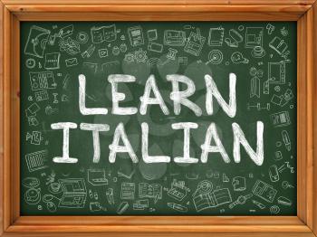 Learn Italian Concept. Line Style Illustration. Learn Italian Handwritten on Green Chalkboard with Doodle Icons Around. Doodle Design Style of  Learn Italian.