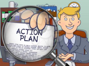 Action Plan on Paper in Business Man's Hand through Magnifier to Illustrate a Business Concept. Multicolor Modern Line Illustration in Doodle Style.