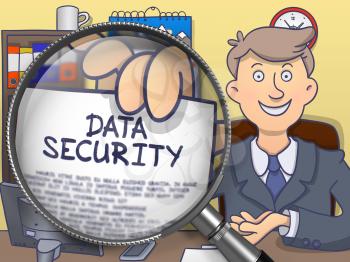 Data Security on Paper in Officeman's Hand through Magnifier to Illustrate a Business Concept. Colored Doodle Style Illustration.