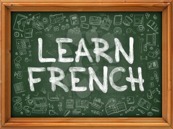 Green Chalkboard with Hand Drawn Learn French with Doodle Icons Around. Line Style Illustration.