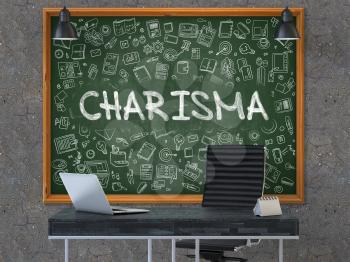 Charisma - Handwritten Inscription by Chalk on Green Chalkboard with Doodle Icons Around. Business Concept in the Interior of a Modern Office on the Dark Old Concrete Wall Background. 3D.